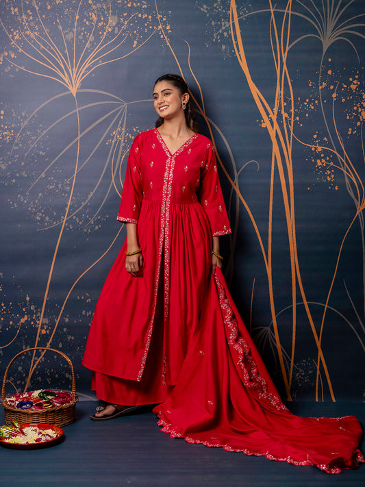 Dhiyona VV Women's Embroidered Silk Blend Calf Length Flare Kurta with Palazzo & Dupatta Set