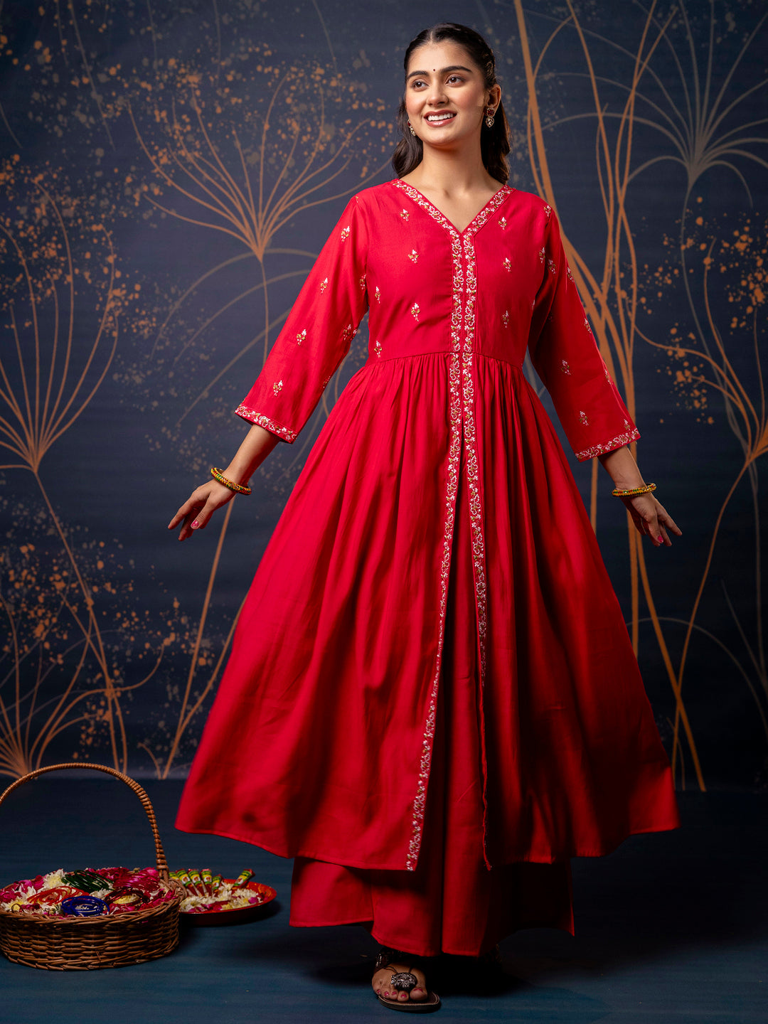 Dhiyona VV Women's Embroidered Silk Blend Calf Length Flare Kurta with Palazzo & Dupatta Set