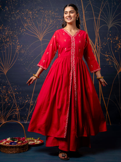 Dhiyona VV Women's Embroidered Silk Blend Calf Length Flare Kurta with Palazzo & Dupatta Set