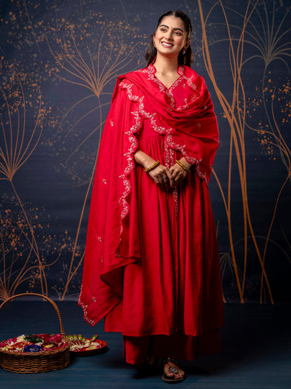 Dhiyona VV Women's Embroidered Silk Blend Calf Length Flare Kurta with Palazzo & Dupatta Set