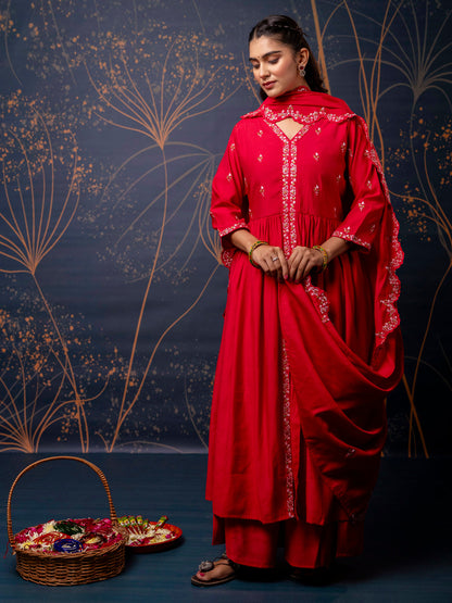 Dhiyona VV Women's Embroidered Silk Blend Calf Length Flare Kurta with Palazzo & Dupatta Set