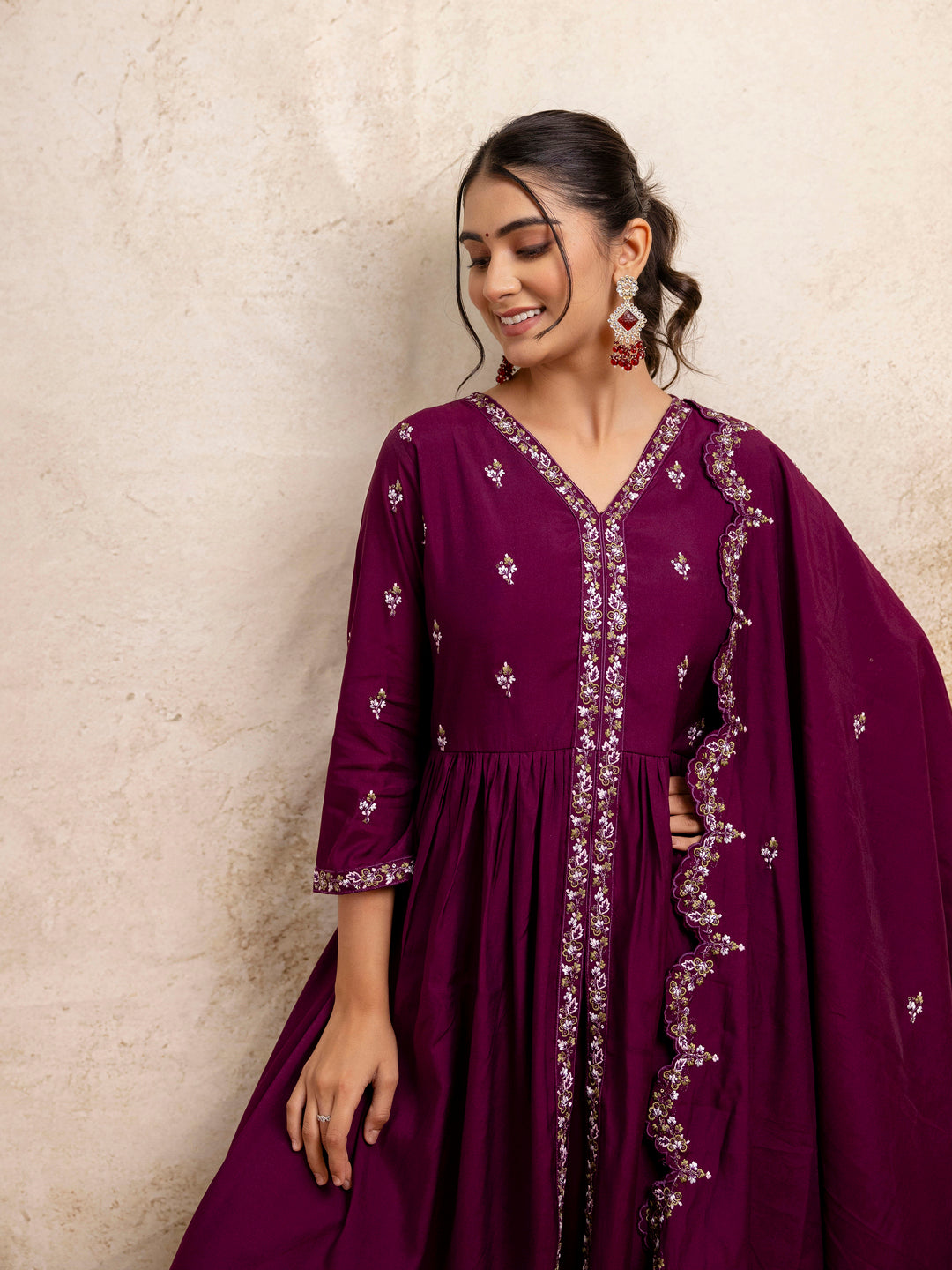 Dhiyona VV Women's Embroidered Silk Blend Calf Length Flare Kurta with Palazzo & Dupatta Set