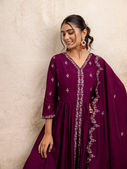 Dhiyona VV Women's Embroidered Silk Blend Calf Length Flare Kurta with Palazzo & Dupatta Set