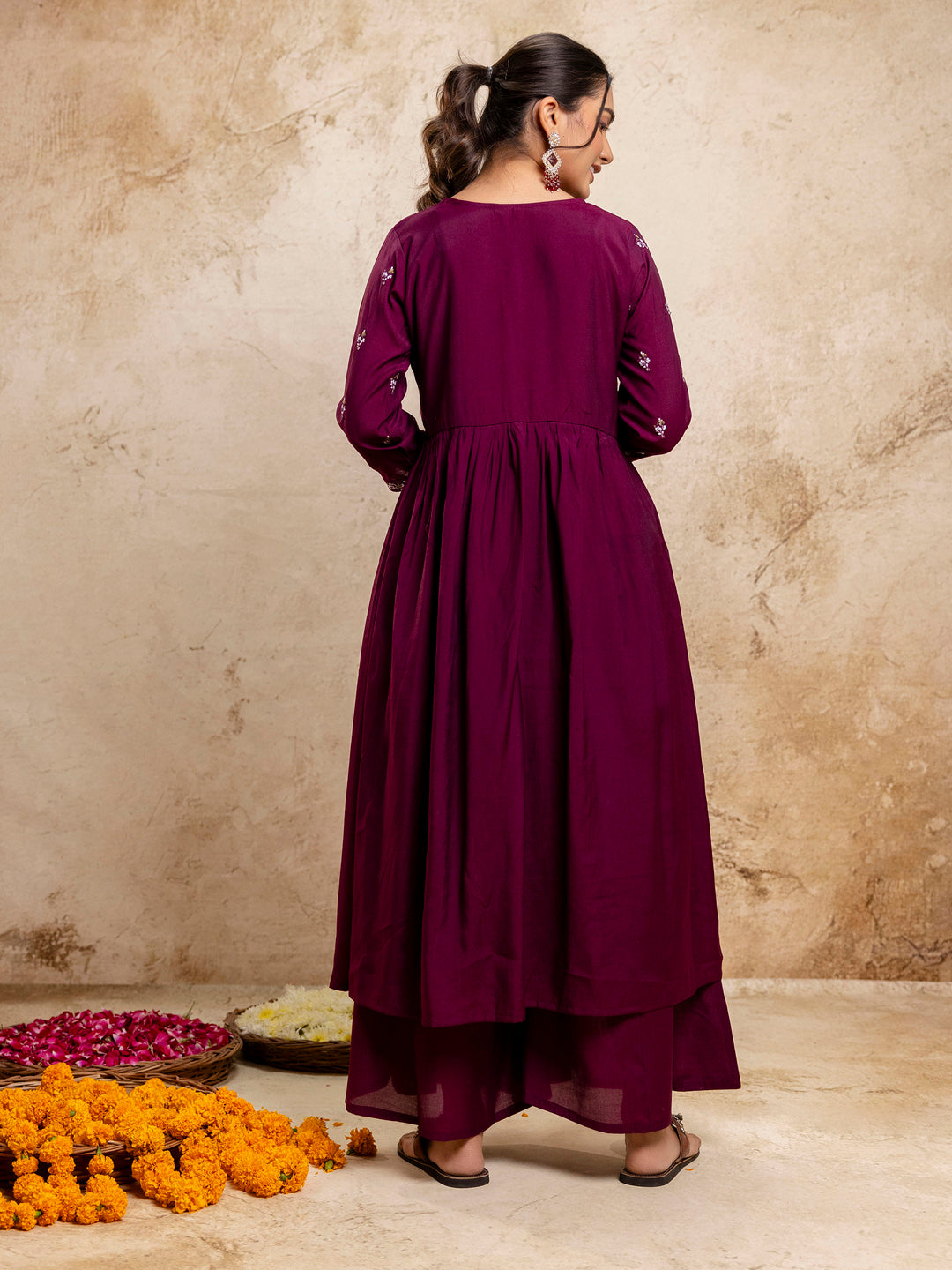 Dhiyona VV Women's Embroidered Silk Blend Calf Length Flare Kurta with Palazzo & Dupatta Set