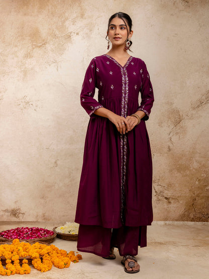 Dhiyona VV Women's Embroidered Silk Blend Calf Length Flare Kurta with Palazzo & Dupatta Set