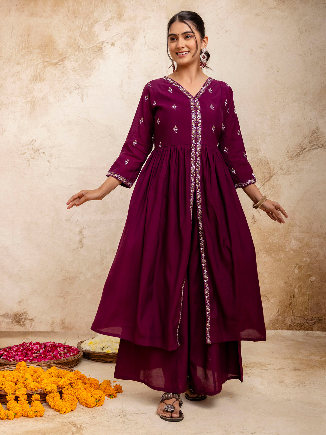 Dhiyona VV Women's Embroidered Silk Blend Calf Length Flare Kurta with Palazzo & Dupatta Set
