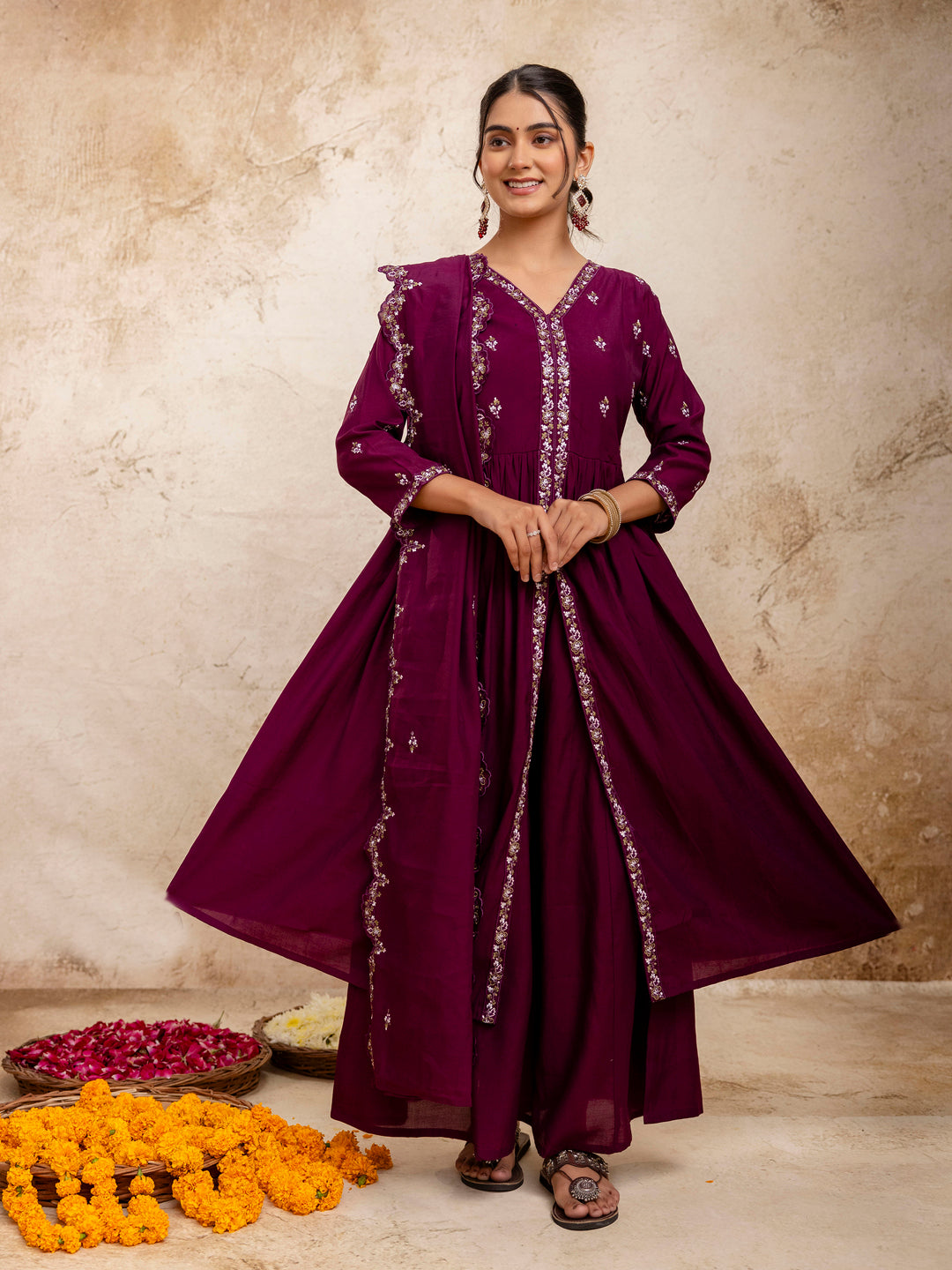 Dhiyona VV Women's Embroidered Silk Blend Calf Length Flare Kurta with Palazzo & Dupatta Set