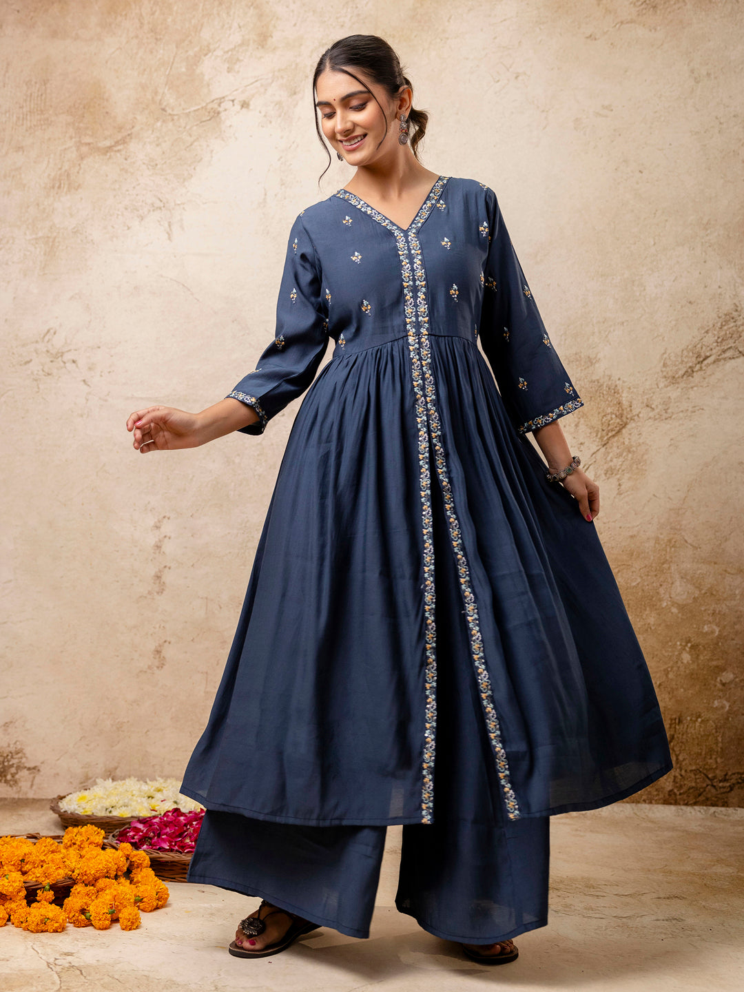 Dhiyona VV Women's Embroidered Silk Blend Calf Length Flare Kurta with Palazzo & Dupatta Set