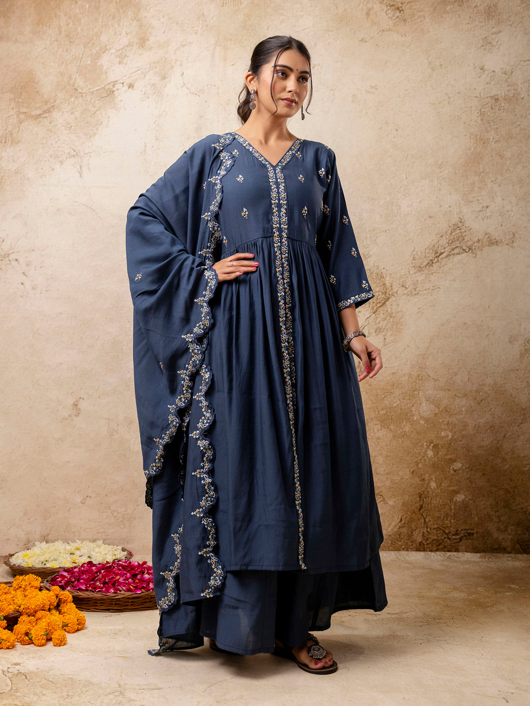 Dhiyona VV Women's Embroidered Silk Blend Calf Length Flare Kurta with Palazzo & Dupatta Set