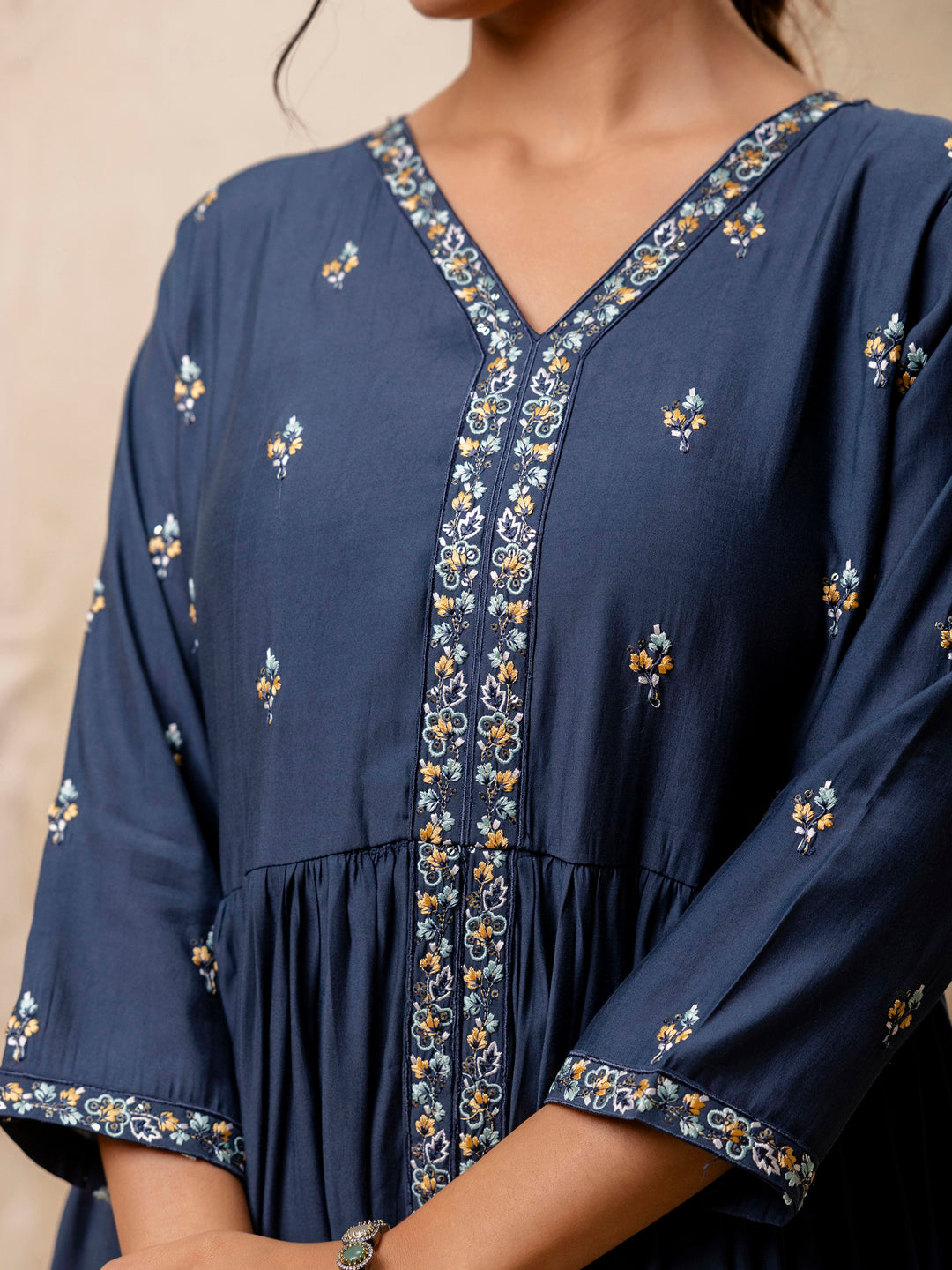 Dhiyona VV Women's Embroidered Silk Blend Calf Length Flare Kurta with Palazzo & Dupatta Set