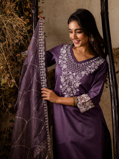 Dhiyona VV Women's Embroidered Silk Blend Calf Length Straight Kurta Trouser with Dupatta Set