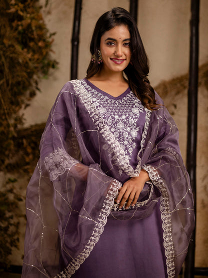 Dhiyona VV Women's Embroidered Silk Blend Calf Length Straight Kurta Trouser with Dupatta Set