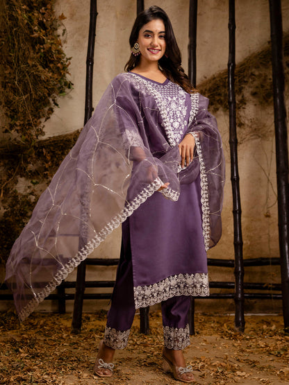 Dhiyona VV Women's Embroidered Silk Blend Calf Length Straight Kurta Trouser with Dupatta Set
