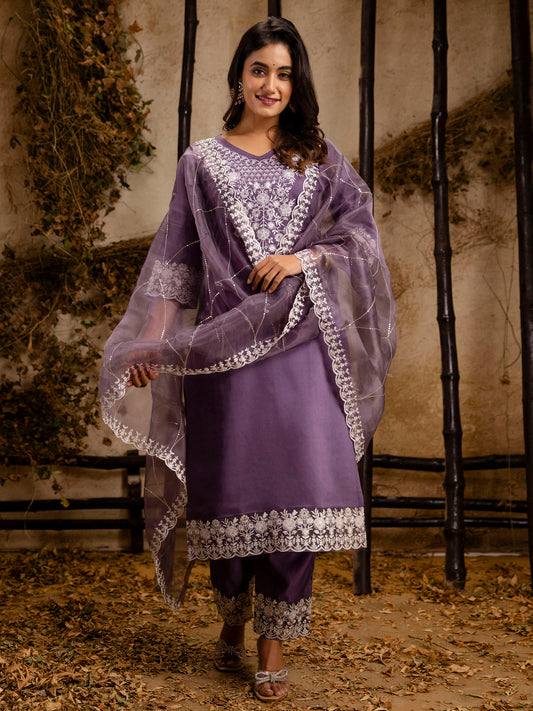 Dhiyona VV Women's Embroidered Silk Blend Calf Length Straight Kurta Trouser with Dupatta Set