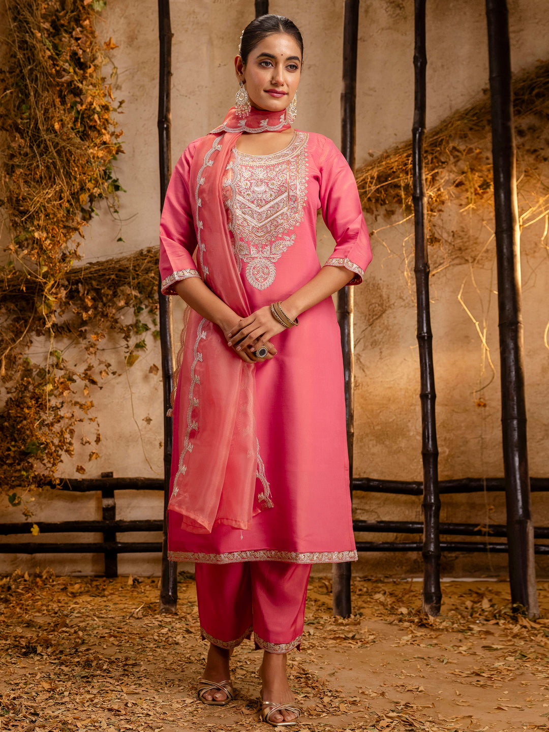 Dhiyona VV Women's Embroidered Silk Blend Calf Length Straight Kurta Trouser with Dupatta Set