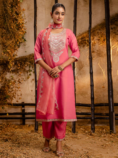 Dhiyona VV Women's Embroidered Silk Blend Calf Length Straight Kurta Trouser with Dupatta Set