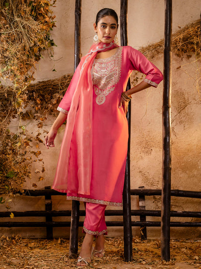 Dhiyona VV Women's Embroidered Silk Blend Calf Length Straight Kurta Trouser with Dupatta Set