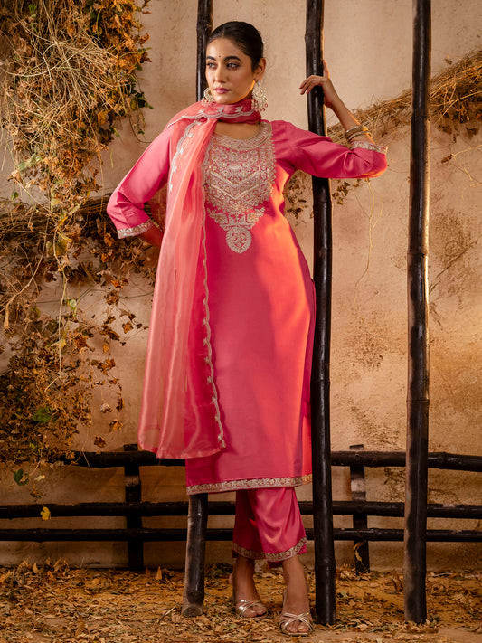 Dhiyona VV Women's Embroidered Silk Blend Calf Length Straight Kurta Trouser with Dupatta Set