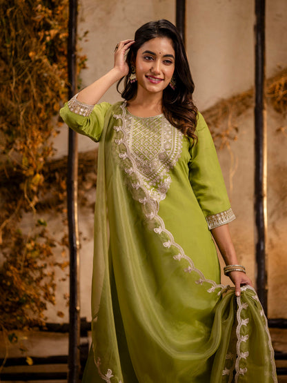 Dhiyona VV Women's Embroidered Silk Blend Calf Length Straight Kurta Trouser with Dupatta Set