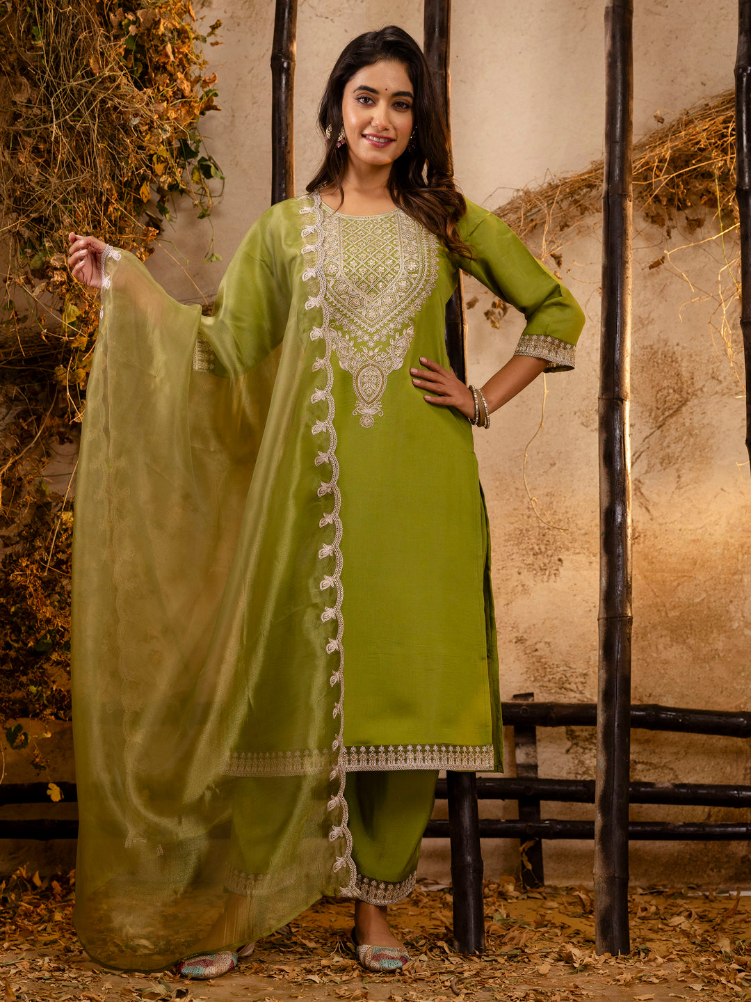 Dhiyona VV Women's Embroidered Silk Blend Calf Length Straight Kurta Trouser with Dupatta Set