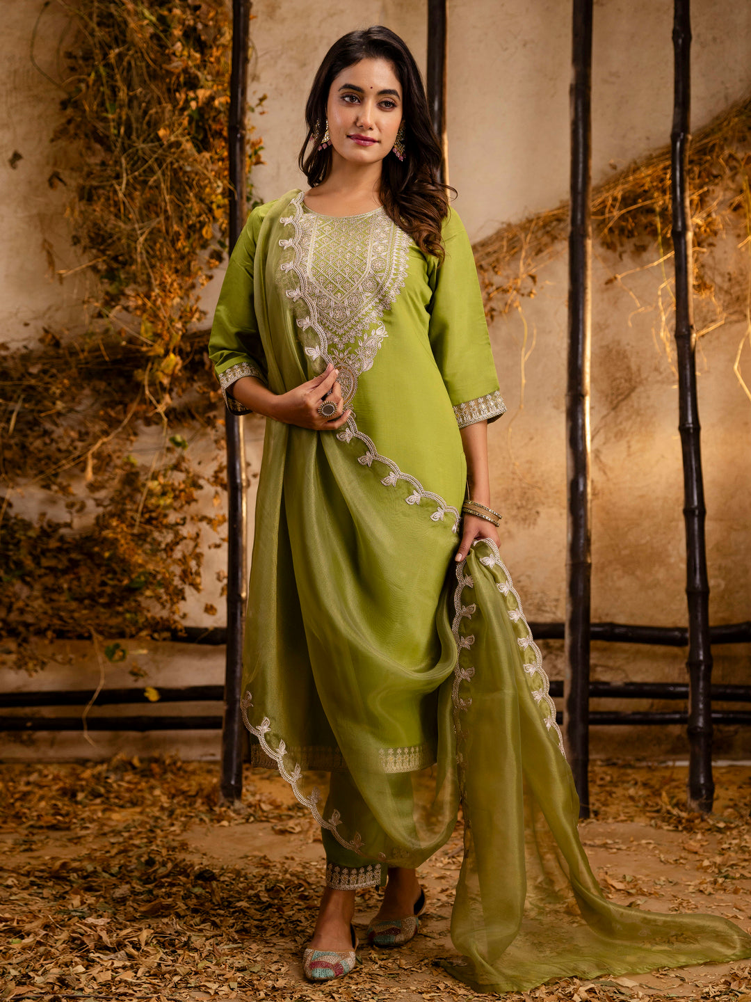 Dhiyona VV Women's Embroidered Silk Blend Calf Length Straight Kurta Trouser with Dupatta Set