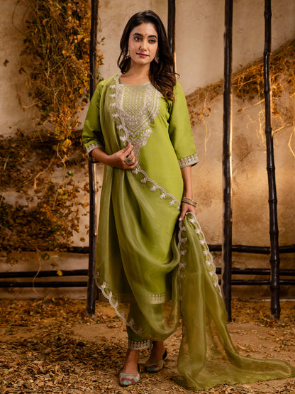 Dhiyona VV Women's Embroidered Silk Blend Calf Length Straight Kurta Trouser with Dupatta Set