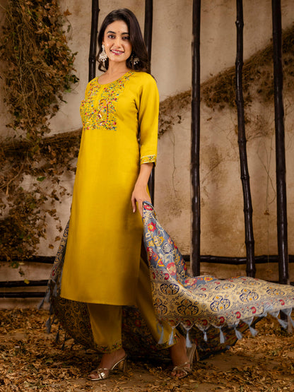 Dhiyona VV Women's Embroidered Viscose Rayon Calf Length Straight Kurta Trouser with Dupatta Set