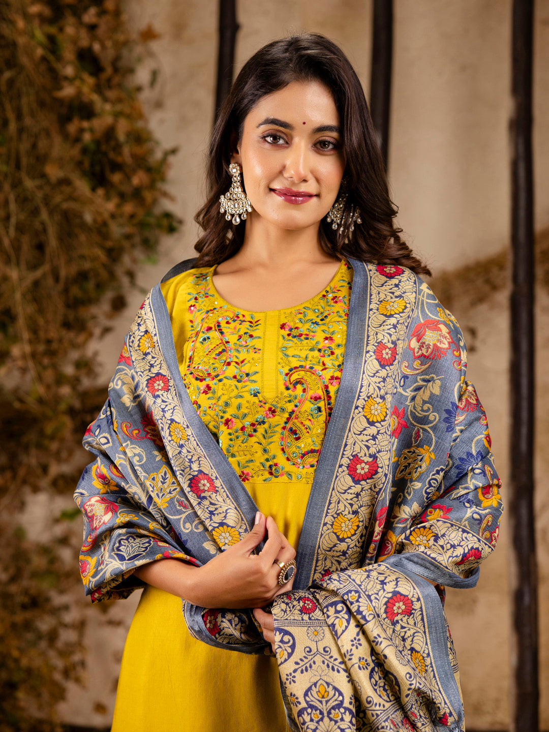 Dhiyona VV Women's Embroidered Viscose Rayon Calf Length Straight Kurta Trouser with Dupatta Set