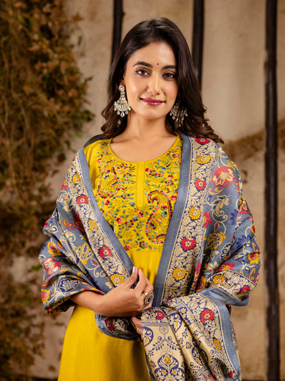 Dhiyona VV Women's Embroidered Viscose Rayon Calf Length Straight Kurta Trouser with Dupatta Set