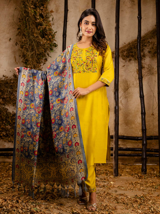 Dhiyona VV Women's Embroidered Viscose Rayon Calf Length Straight Kurta Trouser with Dupatta Set