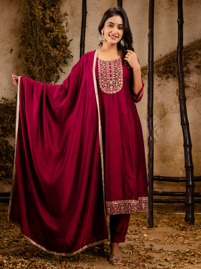Dhiyona VV Women's Embroidered Silk Blend Anarkali Kurta Pant With Dupatta Set