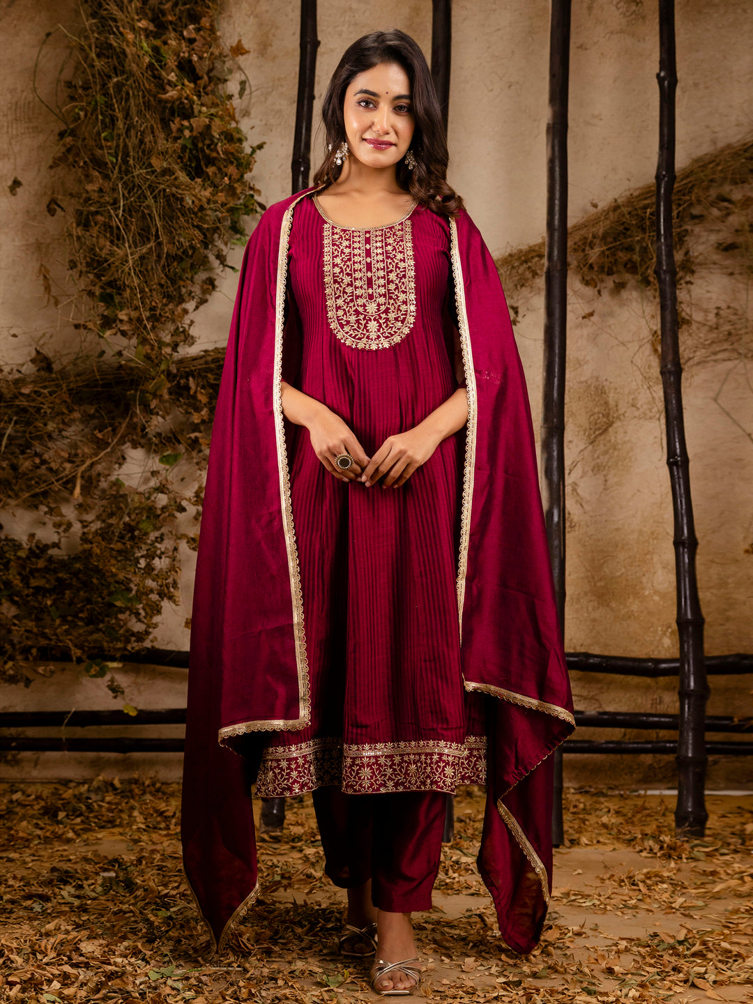 Dhiyona VV Women's Embroidered Silk Blend Anarkali Kurta Pant With Dupatta Set