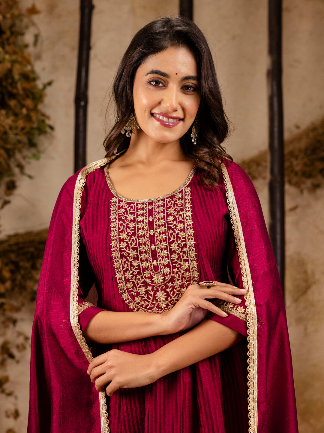 Dhiyona VV Women's Embroidered Silk Blend Anarkali Kurta Pant With Dupatta Set