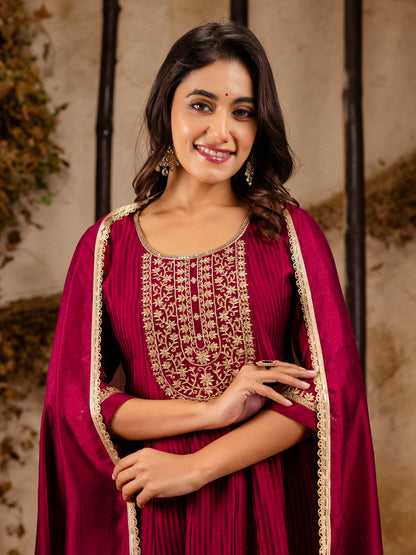 Dhiyona VV Women's Embroidered Silk Blend Anarkali Kurta Pant With Dupatta Set