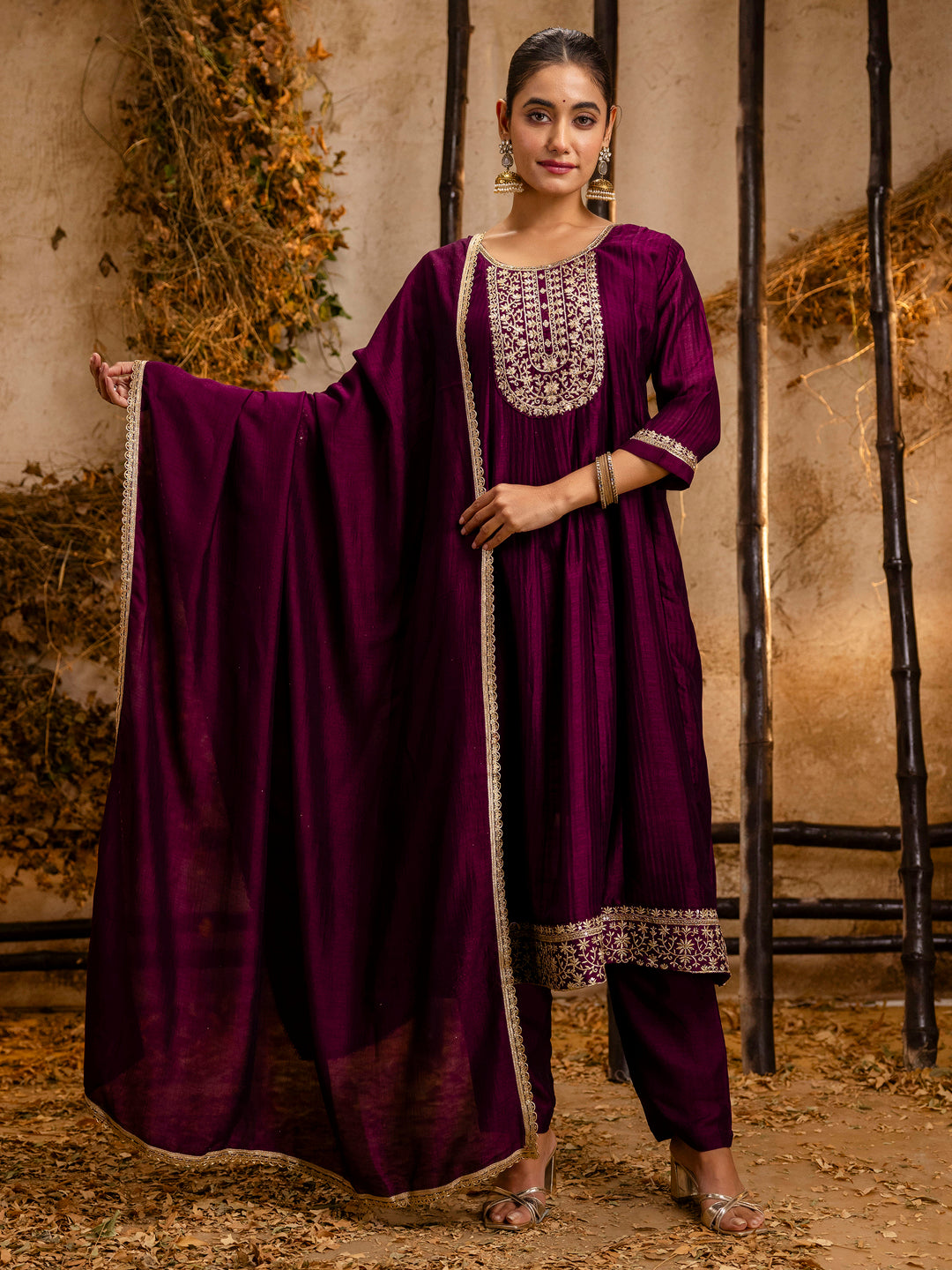 Dhiyona VV Women's Embroidered Silk Blend Anarkali Kurta Pant With Dupatta Set