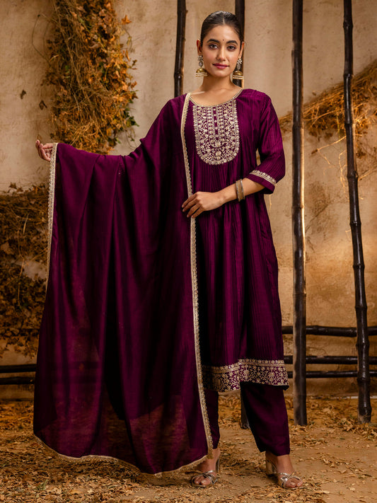 Dhiyona VV Women's Embroidered Silk Blend Anarkali Kurta Pant With Dupatta Set