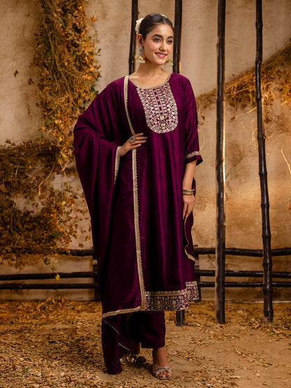 Dhiyona VV Women's Embroidered Silk Blend Anarkali Kurta Pant With Dupatta Set