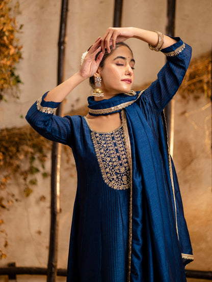 Dhiyona VV Women's Embroidered Silk Blend Anarkali Kurta Pant With Dupatta Set