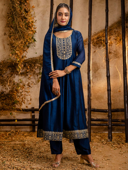 Dhiyona VV Women's Embroidered Silk Blend Anarkali Kurta Pant With Dupatta Set