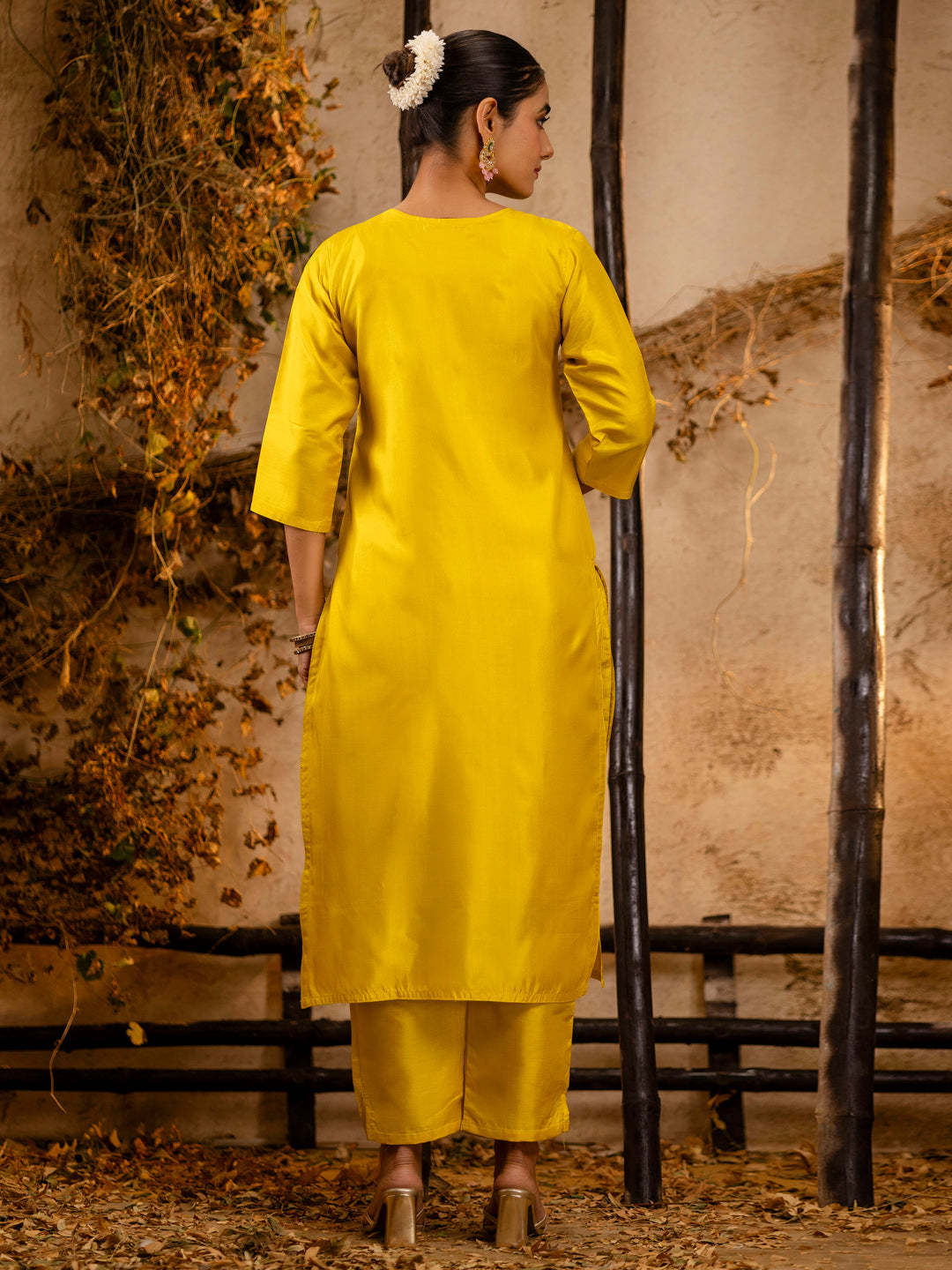 Dhiyona VV Women's Embroidered Silk Blend Calf Length Straight Kurta Trouser with Dupatta Set