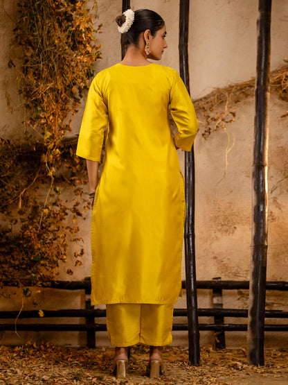 Dhiyona VV Women's Embroidered Silk Blend Calf Length Straight Kurta Trouser with Dupatta Set