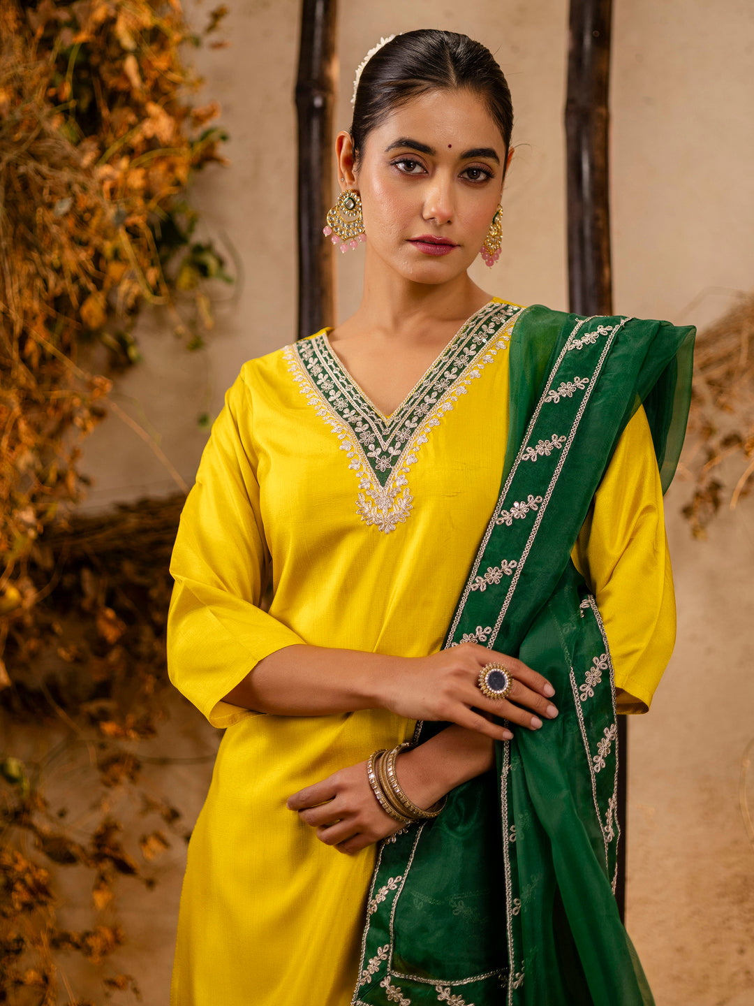 Dhiyona VV Women's Embroidered Silk Blend Calf Length Straight Kurta Trouser with Dupatta Set