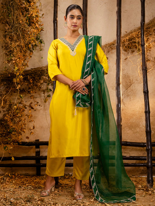 Dhiyona VV Women's Embroidered Silk Blend Calf Length Straight Kurta Trouser with Dupatta Set