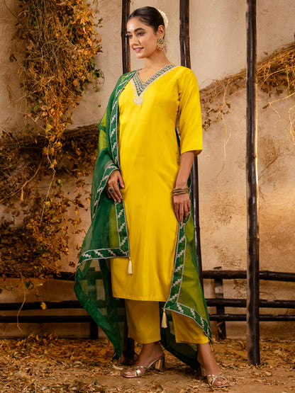 Dhiyona VV Women's Embroidered Silk Blend Calf Length Straight Kurta Trouser with Dupatta Set