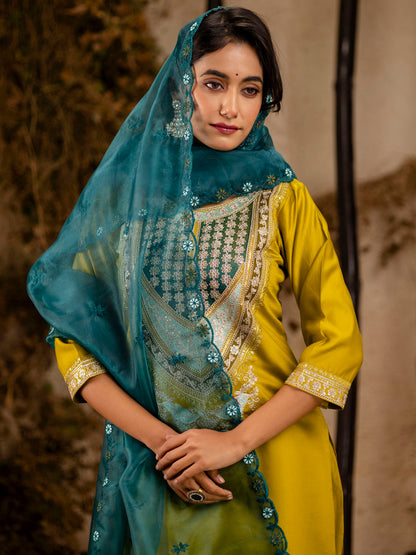 Dhiyona VV Women's Embroidered Viscose Rayon Calf Length Straight Kurta Trouser with Dupatta Set