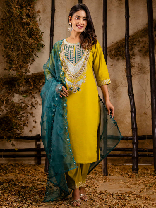 Dhiyona VV Women's Embroidered Viscose Rayon Calf Length Straight Kurta Trouser with Dupatta Set
