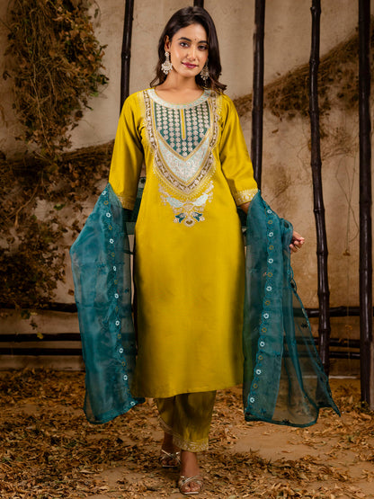 Dhiyona VV Women's Embroidered Viscose Rayon Calf Length Straight Kurta Trouser with Dupatta Set