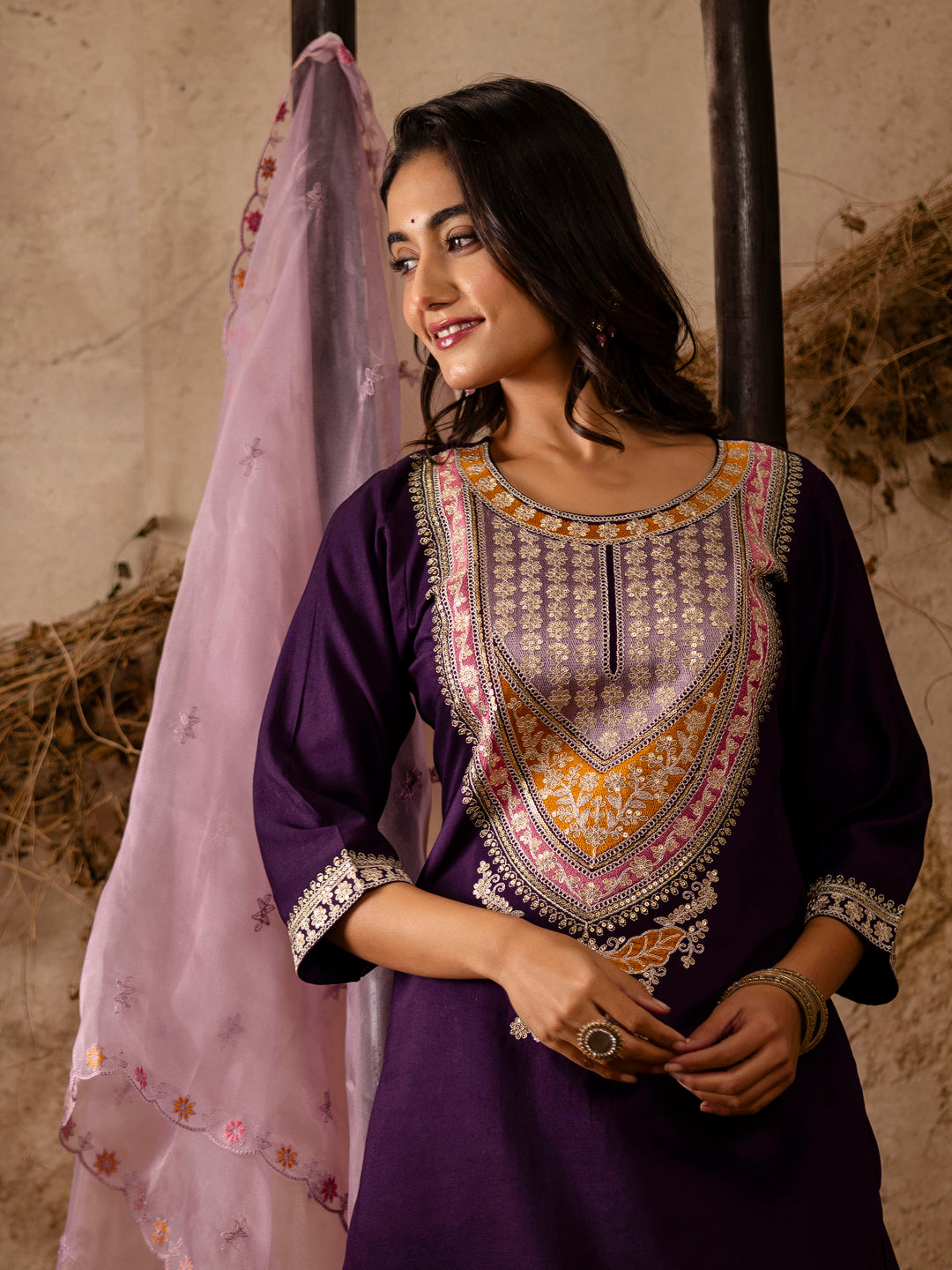 Dhiyona VV Women's Embroidered Viscose Rayon Calf Length Straight Kurta Trouser with Dupatta Set