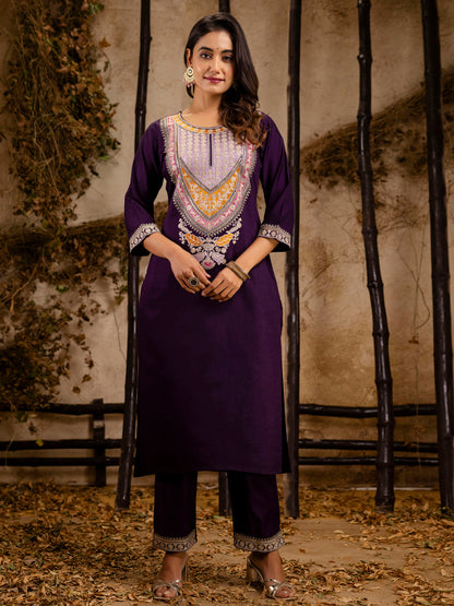 Dhiyona VV Women's Embroidered Viscose Rayon Calf Length Straight Kurta Trouser with Dupatta Set
