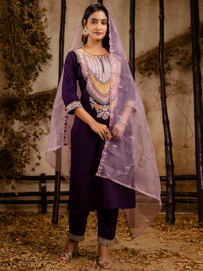 Dhiyona VV Women's Embroidered Viscose Rayon Calf Length Straight Kurta Trouser with Dupatta Set